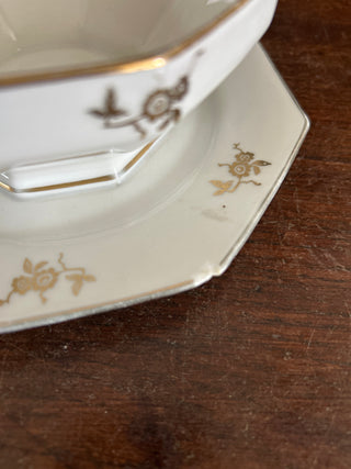 Vintage French Porcelaine Petite Fleurs Gold Sauce Server with Serving Spoon