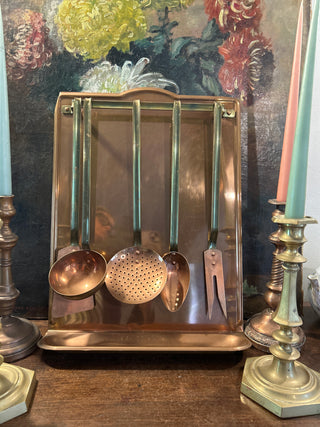 Vintage Rare Copper Kitchen Plaque with Brass Bar Utensils Set