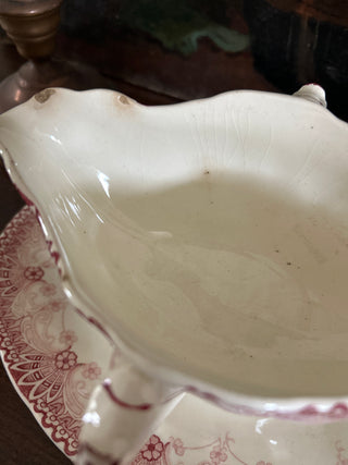 Vintage French Boulenger Red Floral Large Sauce Server with Silver Serving Spoon
