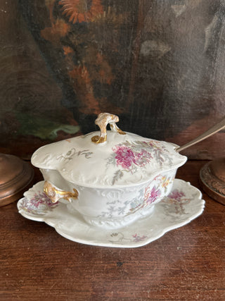 Vintage French Floral Sauce Server with Lid And Silver Serving Spoon