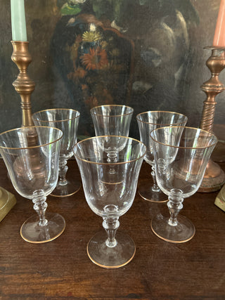 Vintage French Crystal Gold Rimmed Wine Glasses