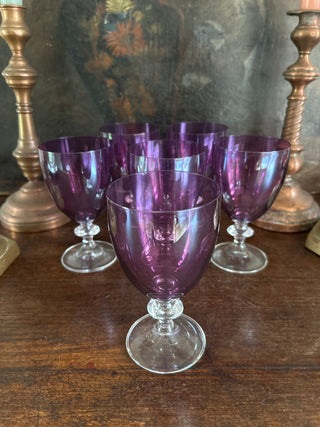 Vintage French Crystal Stem Soft Aubergine Water Goblets
