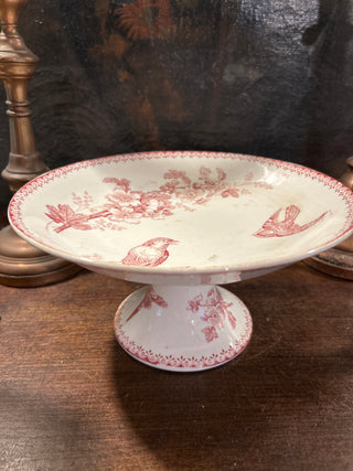 Vintage French Footed Fruit Bowl Red with Birds