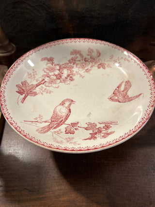 Vintage French Footed Fruit Bowl Red with Birds