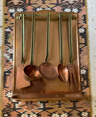 Vintage Rare Copper Kitchen Plaque with Brass Bar Utensils Set