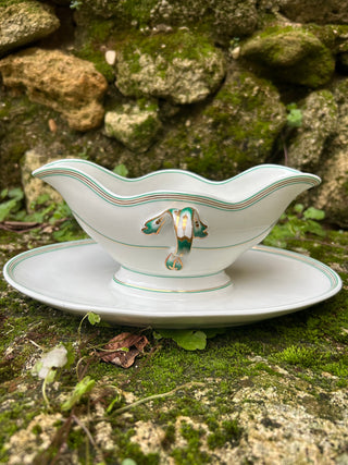 Vintage French Porcelain Everyday Sauce Server with Silver Serving Spoon