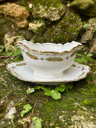 Vintage French Elegant Limoge Porcelain Sauce Server with Silver Serving Spoon