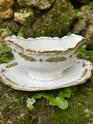 Vintage French Elegant Limoge Porcelain Sauce Server with Silver Serving Spoon