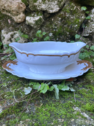 Vintage French Porcelain Gold & White Sauce Server with Silver Serving Spoon