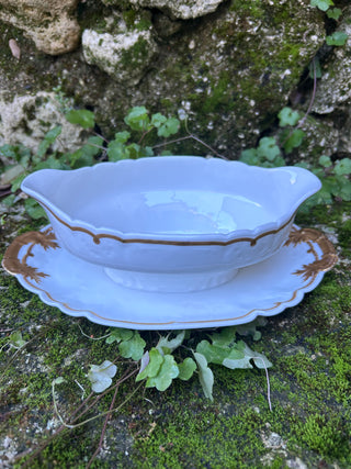 Vintage French Porcelain Gold & White Sauce Server with Silver Serving Spoon