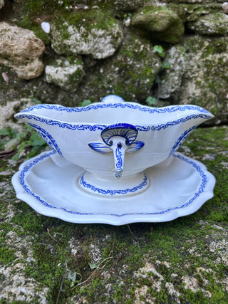 Vintage French Large Blue & White Gien Sauce Server with Silver Serving Spoon
