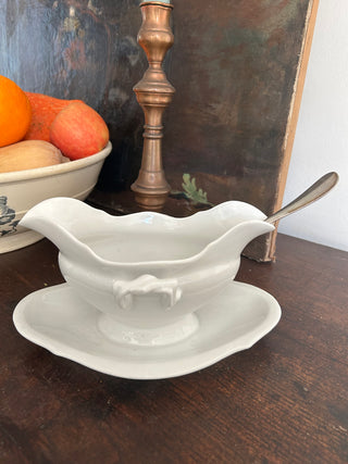 Vintage French Bistro Whiteware Sauce Server with Silver Serving Spoon