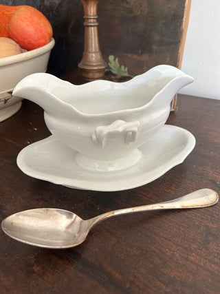 Vintage French Bistro Whiteware Sauce Server with Silver Serving Spoon