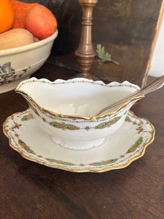 Vintage French Elegant Limoge Porcelain Sauce Server with Silver Serving Spoon