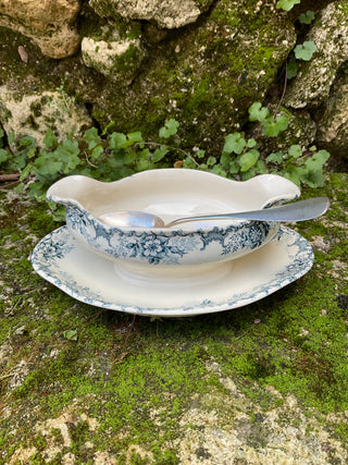 Vintage French Paris Blue Green & Cream Sauce Server with Silver Serving Spoon