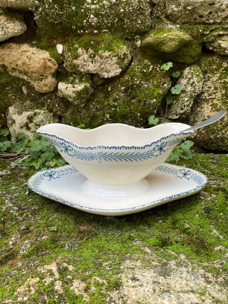 Vintage French Blue & White Garland Large Sauce Server with Silver Serving Spoon