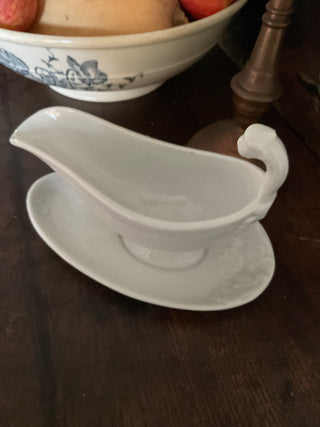Vintage French Bistro Whiteware Sauce Server with Attached Saucer