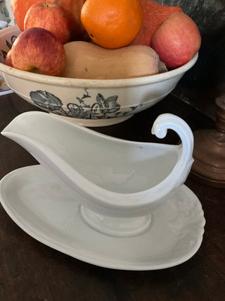 Vintage French Bistro Whiteware Small Sauce Server with Attached Saucer