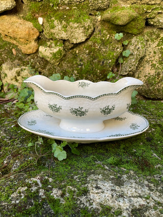 Vintage French Large Green & Cream Sauce Server with Silver Serving Spoon