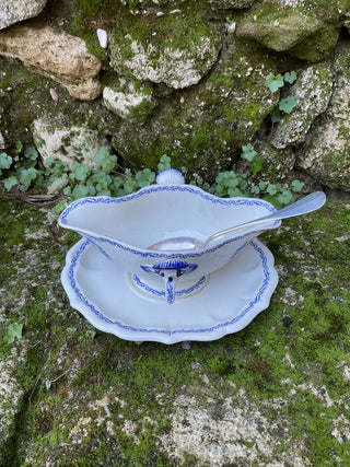 Vintage French Large Blue & White Gien Sauce Server with Silver Serving Spoon