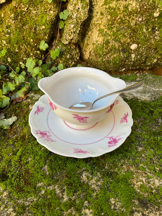 Vintage French Small Limoges Floral Rose Sauce Server with Silver Serving Spoon