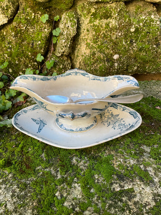 Vintage French Transferware Papillon Sauce Server with Silver Serving Spoon