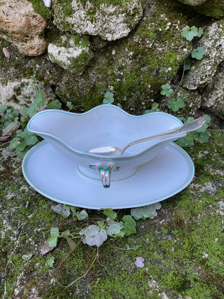Vintage French Porcelain Everyday Sauce Server with Silver Serving Spoon
