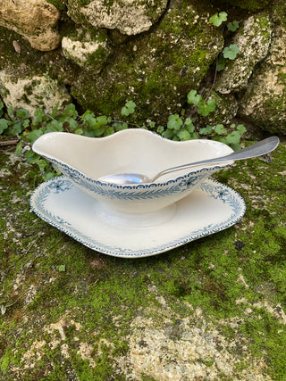 Vintage French Blue & White Garland Large Sauce Server with Silver Serving Spoon