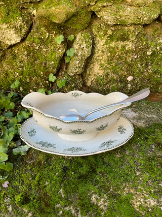 Vintage French Large Green & Cream Sauce Server with Silver Serving Spoon