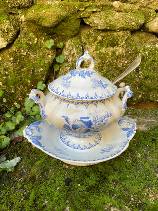 Vintage French Transferware Flore Covered Sauce Server with Silver Serving Spoon