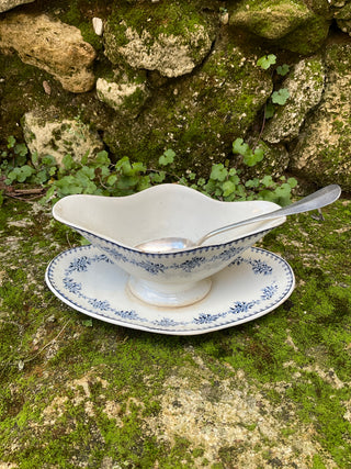 Vintage French Blue & White Floral Sauce Server with Silver Serving Spoon