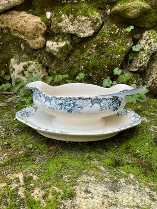 Vintage French Paris Blue Green & Cream Sauce Server with Silver Serving Spoon