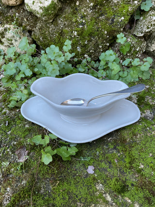 Vintage French Bistro Whiteware Petite Scallop Edge Sauce Server with Silver Serving Spoon
