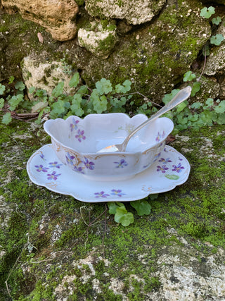 Vintage French Charming Porcelain Floral Sauce Server with Silver Serving Spoon