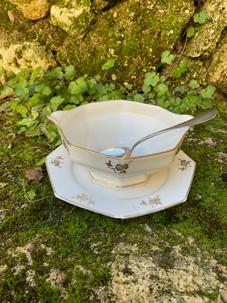 Vintage French Porcelaine Petite Fleurs Gold Sauce Server with Serving Spoon
