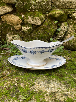 Vintage French Blue & White Floral Sauce Server with Silver Serving Spoon