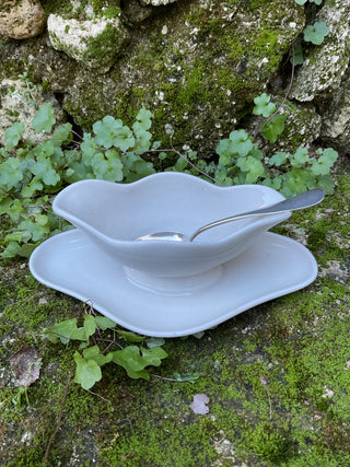 Vintage French Bistro Whiteware Petite Scallop Edge Sauce Server with Silver Serving Spoon