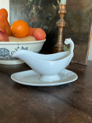 Vintage French Bistro Whiteware Sauce Server with Attached Saucer