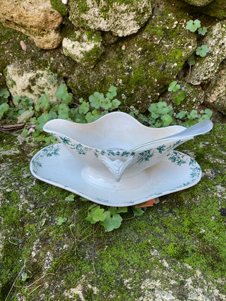 Vintage French Blue Green Sauce Server with Silver Serving Spoon