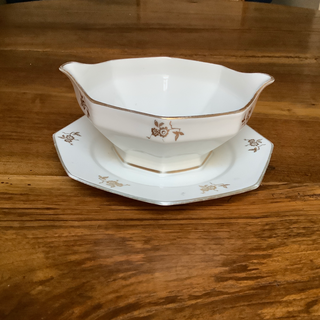 Vintage French Porcelaine Petite Fleurs Gold Sauce Server with Serving Spoon