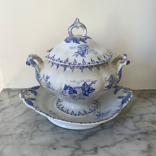 Vintage French Transferware Flore Covered Sauce Server with Silver Serving Spoon