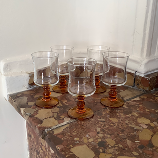 Vintage French Amber Stem Bistro Glasses Set 5