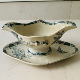 Vintage French Transferware Papillon Sauce Server with Silver Serving Spoon