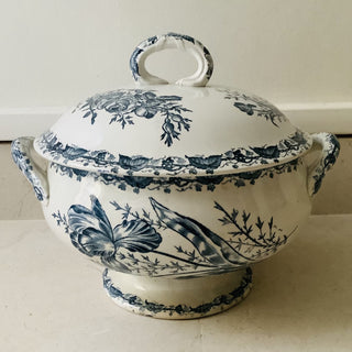 Vintage French Transferware Papillon Blue & Cream Tureen