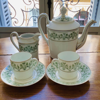 Vintage French Green Floral Porcelain Café Set for Two