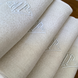 Vintage French Beige Linen Damask Napkins Set of 4 with Monogram MF