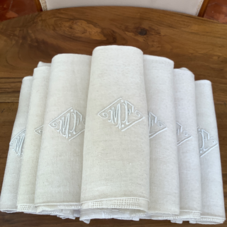 Vintage French Beige Linen Damask Napkins Set of 4 with Monogram MF