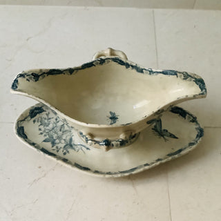 Vintage French Transferware Papillon Sauce Server with Silver Serving Spoon