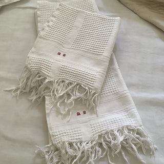 Vintage French Cotton Large Waffle Pair Hand Towels Monogram(MB) Media 1 of 2