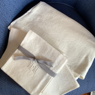 Vintage French White Cotton Damask Tablecloth & Napkins